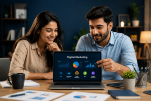 Professional digital marketing team discussing online marketing strategy on laptop dashboard in modern office