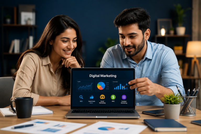 Professional digital marketing team discussing online marketing strategy on laptop dashboard in modern office