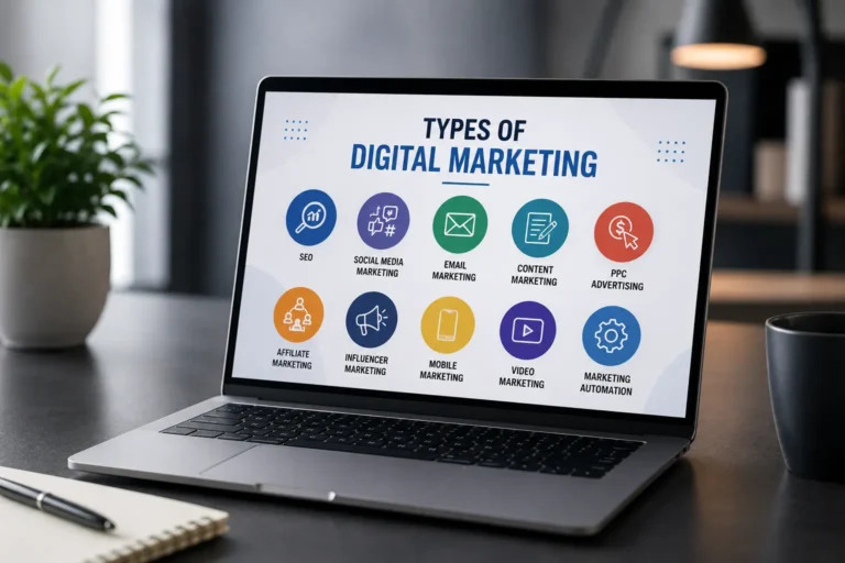 Introduction to digital marketing concepts displayed on laptop screen with SEO, social media, email, and analytics icons